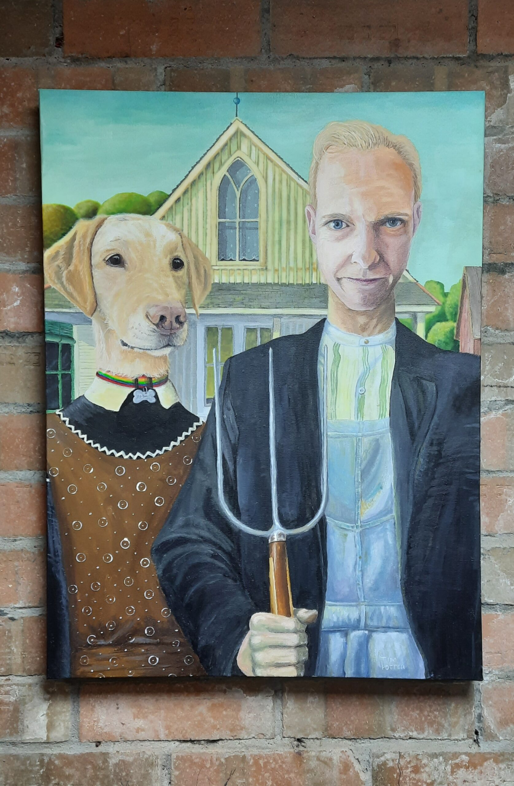 Arylic Painting based on American Gothic showing a man and his dog